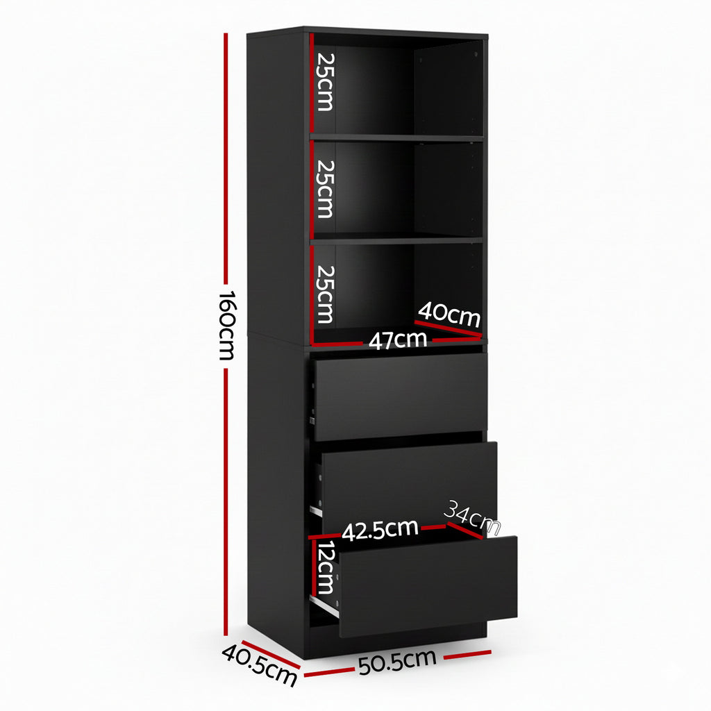 Artiss Tall Storage Cabinet with 3 Drawers and Shelves – Black