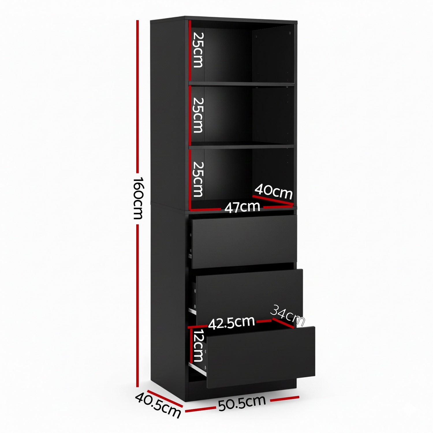 Artiss Tall Storage Cabinet with 3 Drawers and Shelves – Black