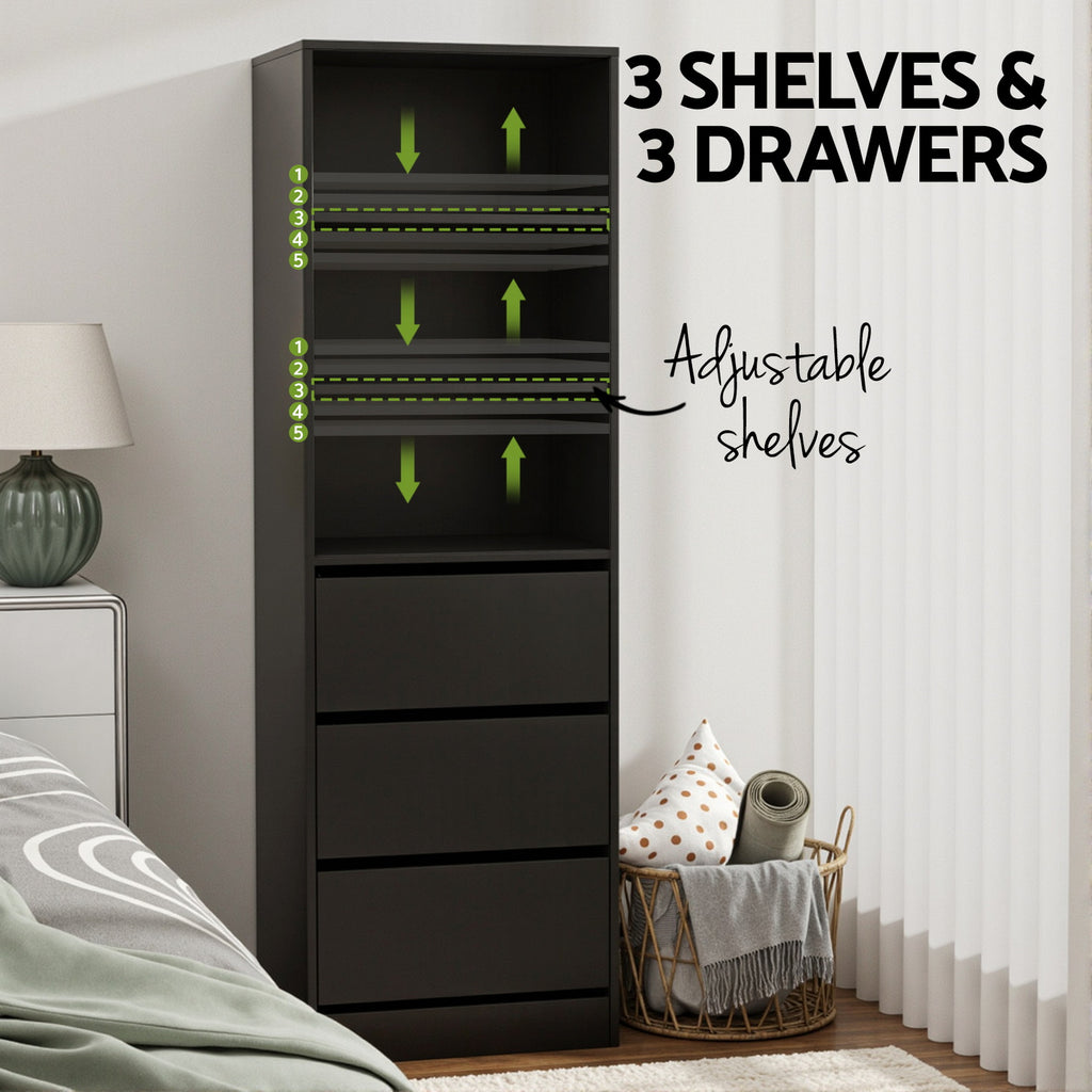 Artiss Tall Storage Cabinet with 3 Drawers and Shelves – Black