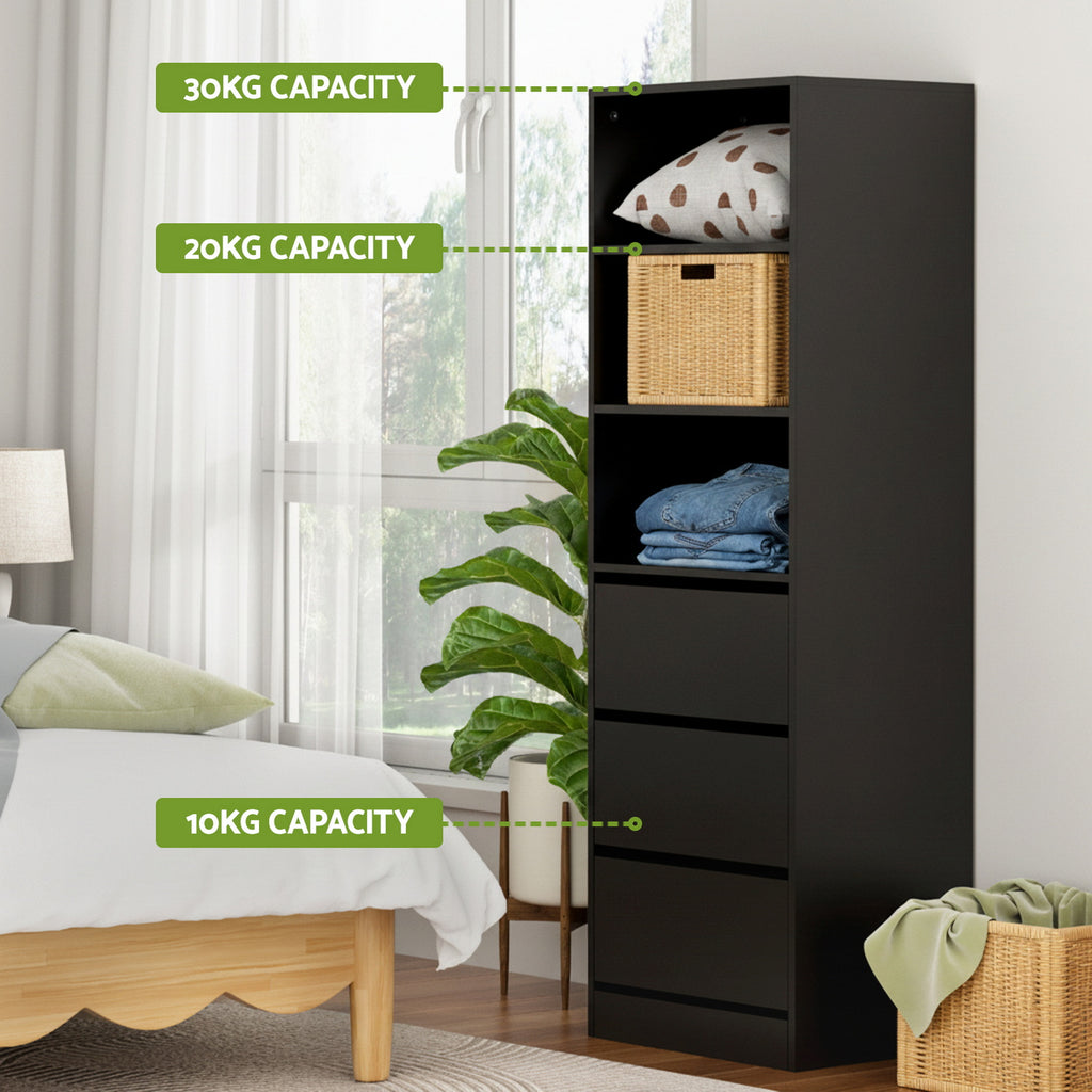 Artiss Tall Storage Cabinet with 3 Drawers and Shelves – Black