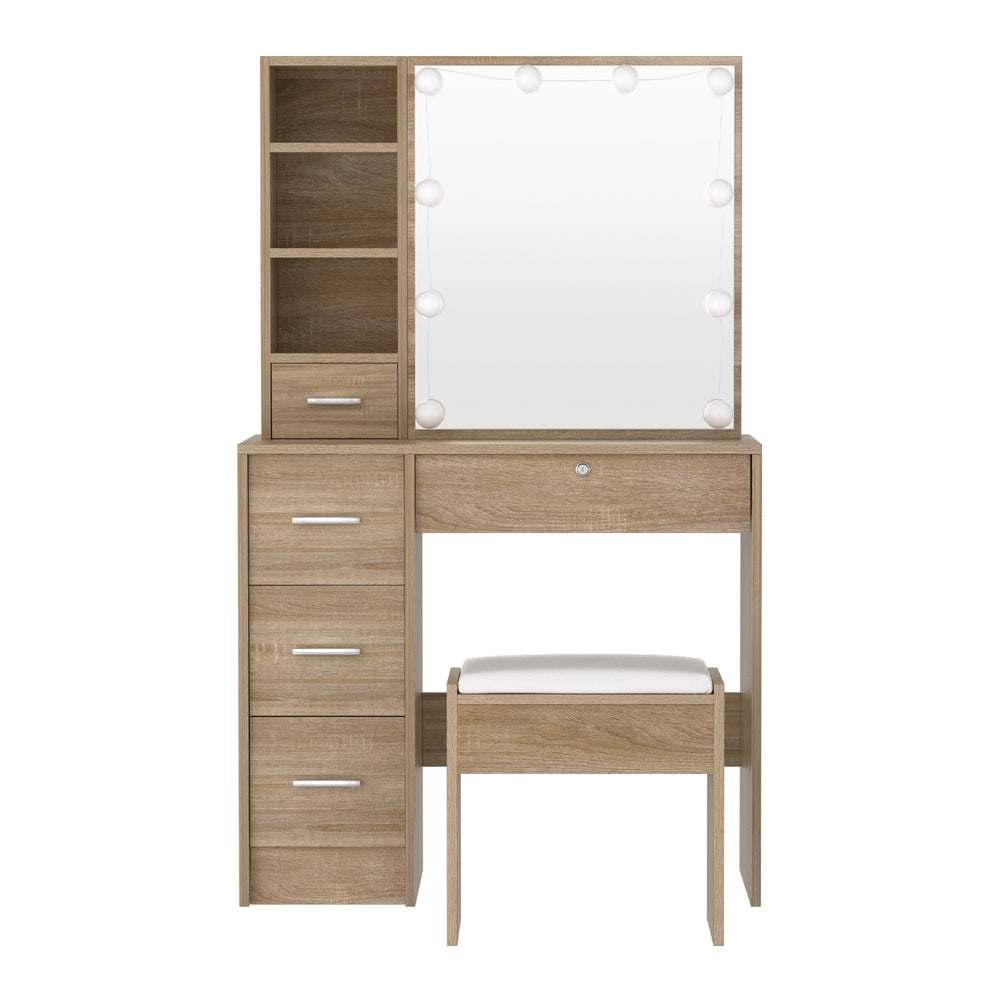Artiss LED Dressing Table & Stool with 10 Bulbs – Wood Look