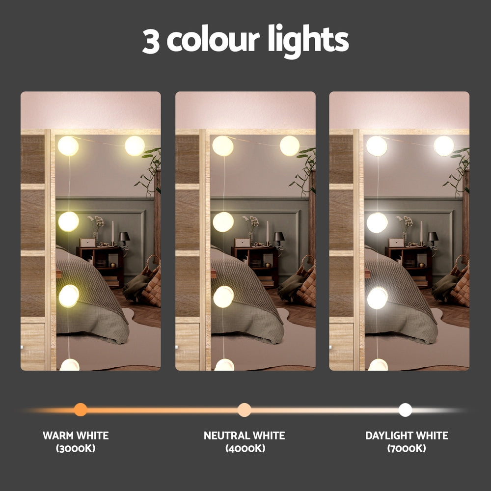 Artiss LED Dressing Table & Stool with 10 Bulbs – Wood Look