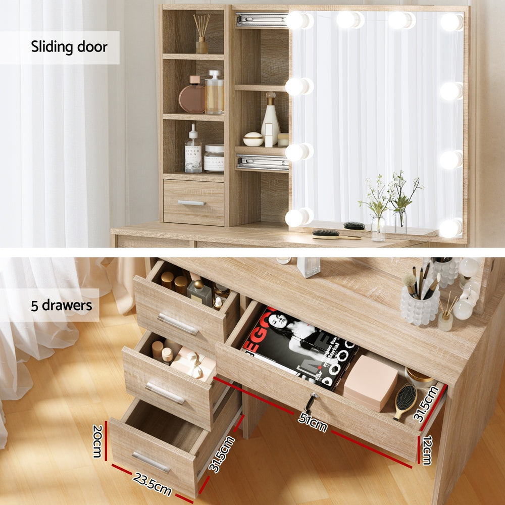 Artiss LED Dressing Table & Stool with 10 Bulbs – Wood Look