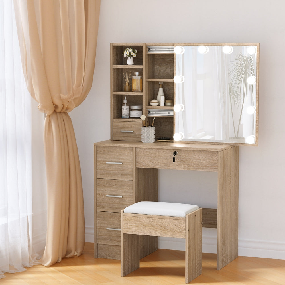 Artiss LED Dressing Table & Stool with 10 Bulbs – Wood Look