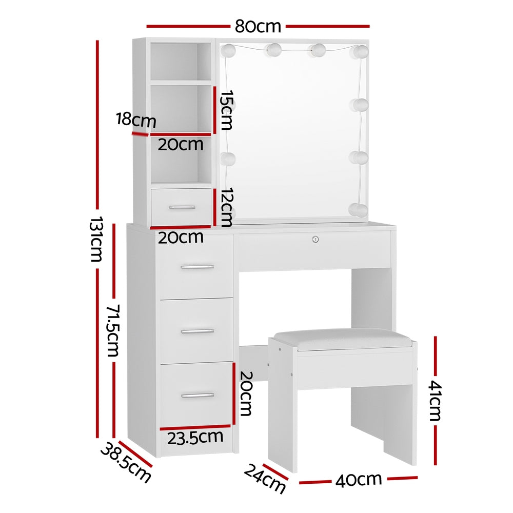 Artiss Dylan LED Dressing Table & Stool with 10 Bulbs – White