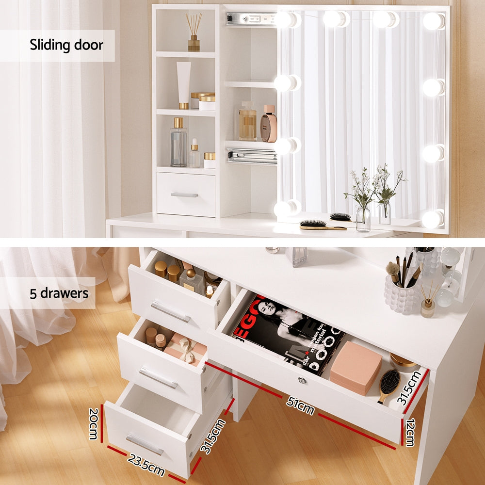 Artiss Dylan LED Dressing Table & Stool with 10 Bulbs – White