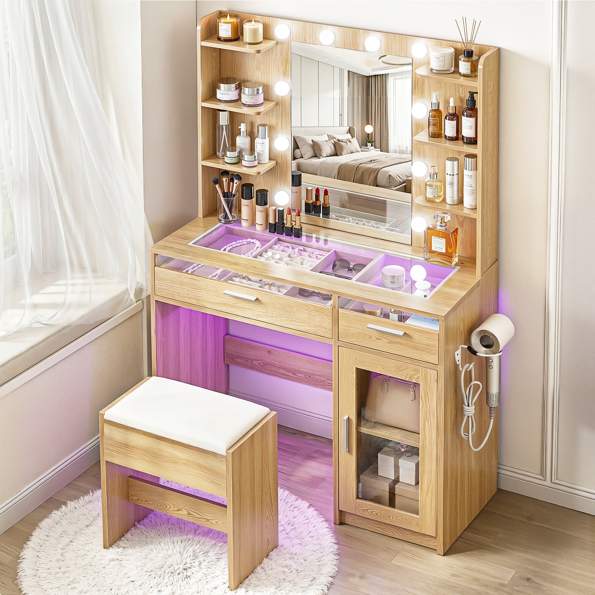 Artiss LED Dressing Table & Stool with 10 Bulbs and RGB Storage – Wood Look
