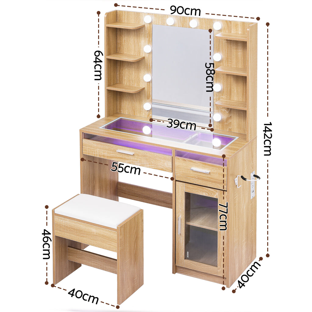 Artiss LED Dressing Table & Stool with 10 Bulbs and RGB Storage – Wood Look