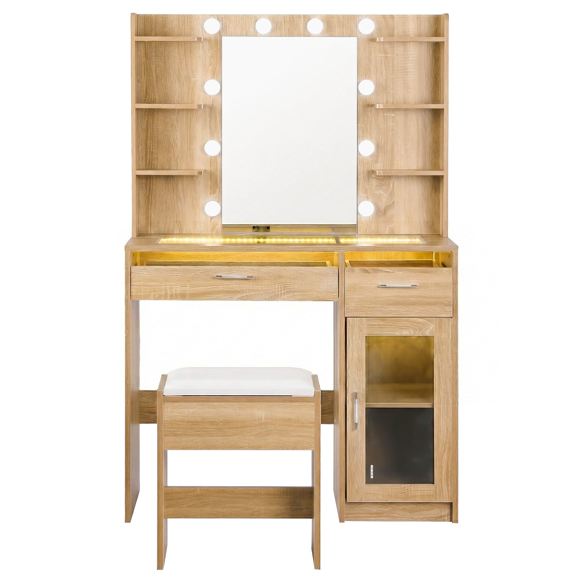 Artiss LED Dressing Table & Stool with 10 Bulbs and RGB Storage – Wood Look