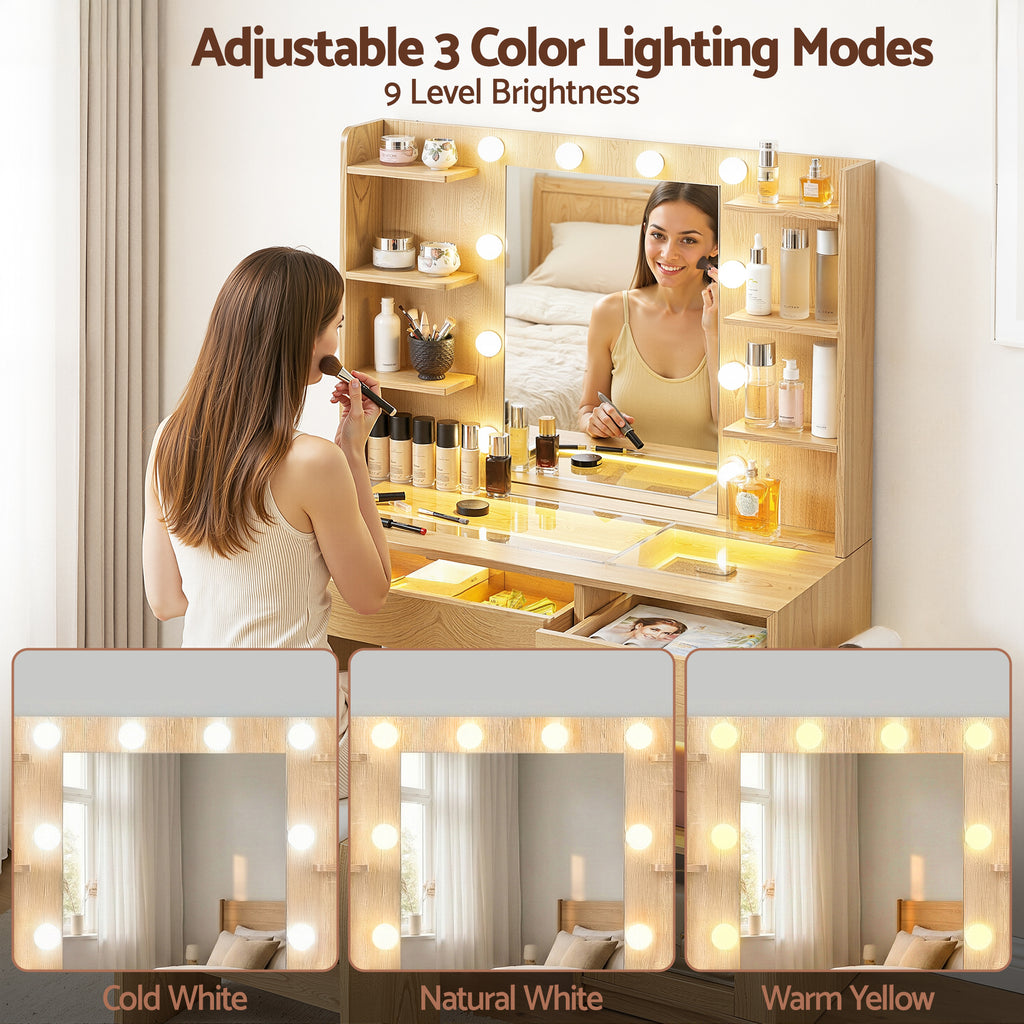 Artiss LED Dressing Table & Stool with 10 Bulbs and RGB Storage – Wood Look