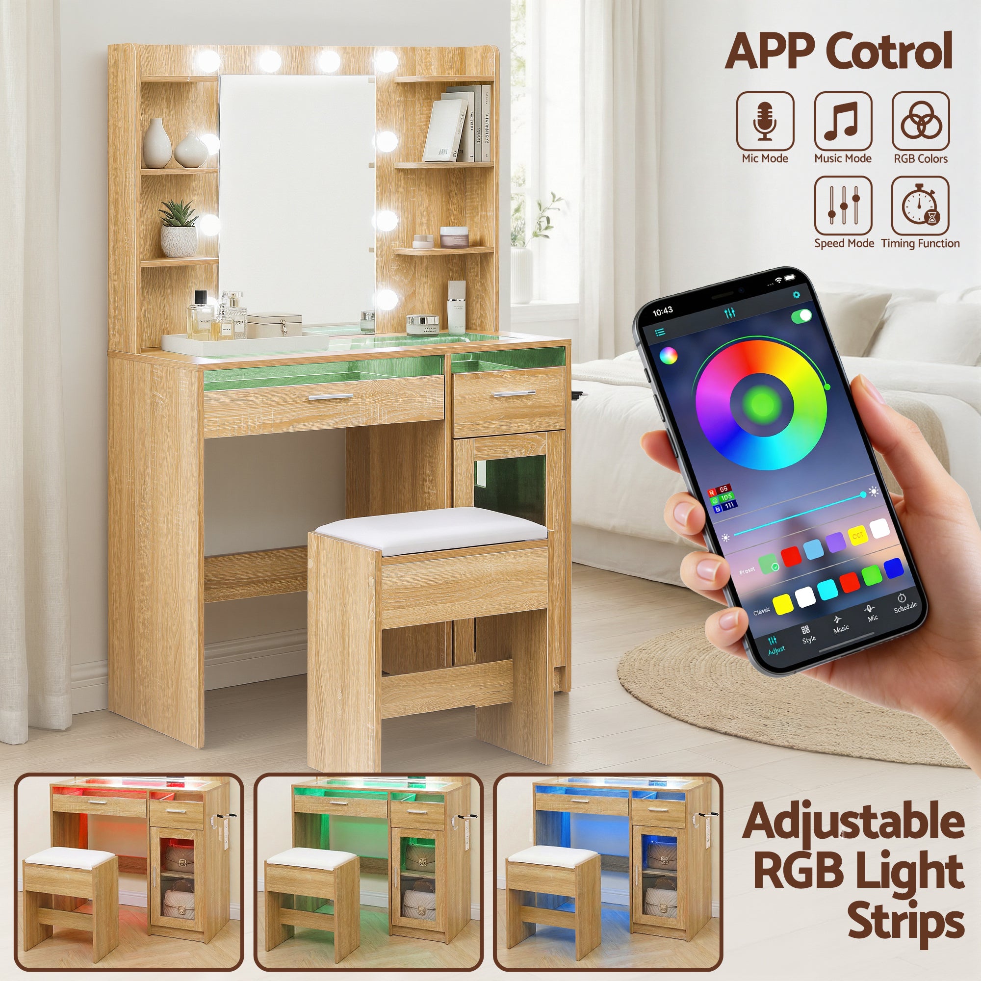 Artiss LED Dressing Table & Stool with 10 Bulbs and RGB Storage – Wood Look