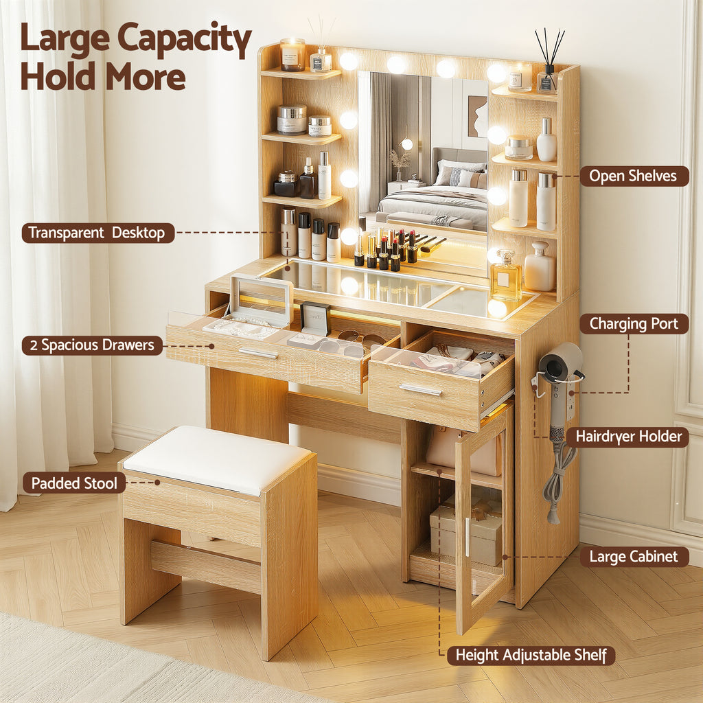 Artiss LED Dressing Table & Stool with 10 Bulbs and RGB Storage – Wood Look