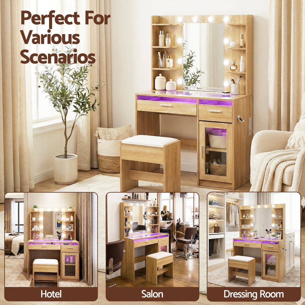 Artiss LED Dressing Table & Stool with 10 Bulbs and RGB Storage – Wood Look