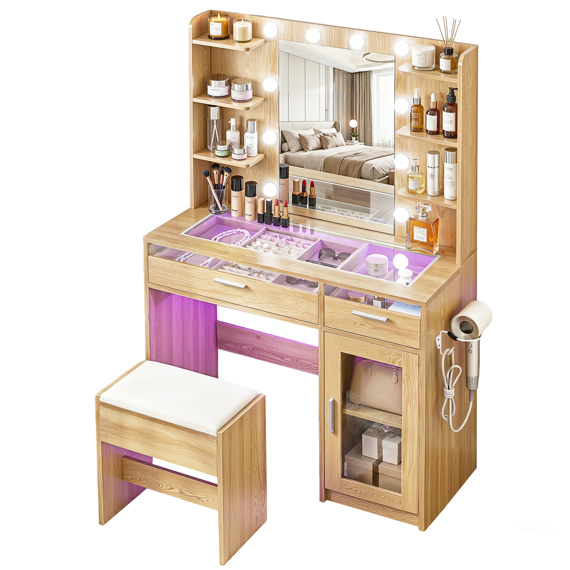 Artiss LED Dressing Table & Stool with 10 Bulbs and RGB Storage – Wood Look