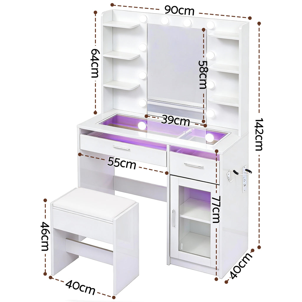 Artiss LED Dressing Table & Stool with 10 Bulbs and RGB Storage – White