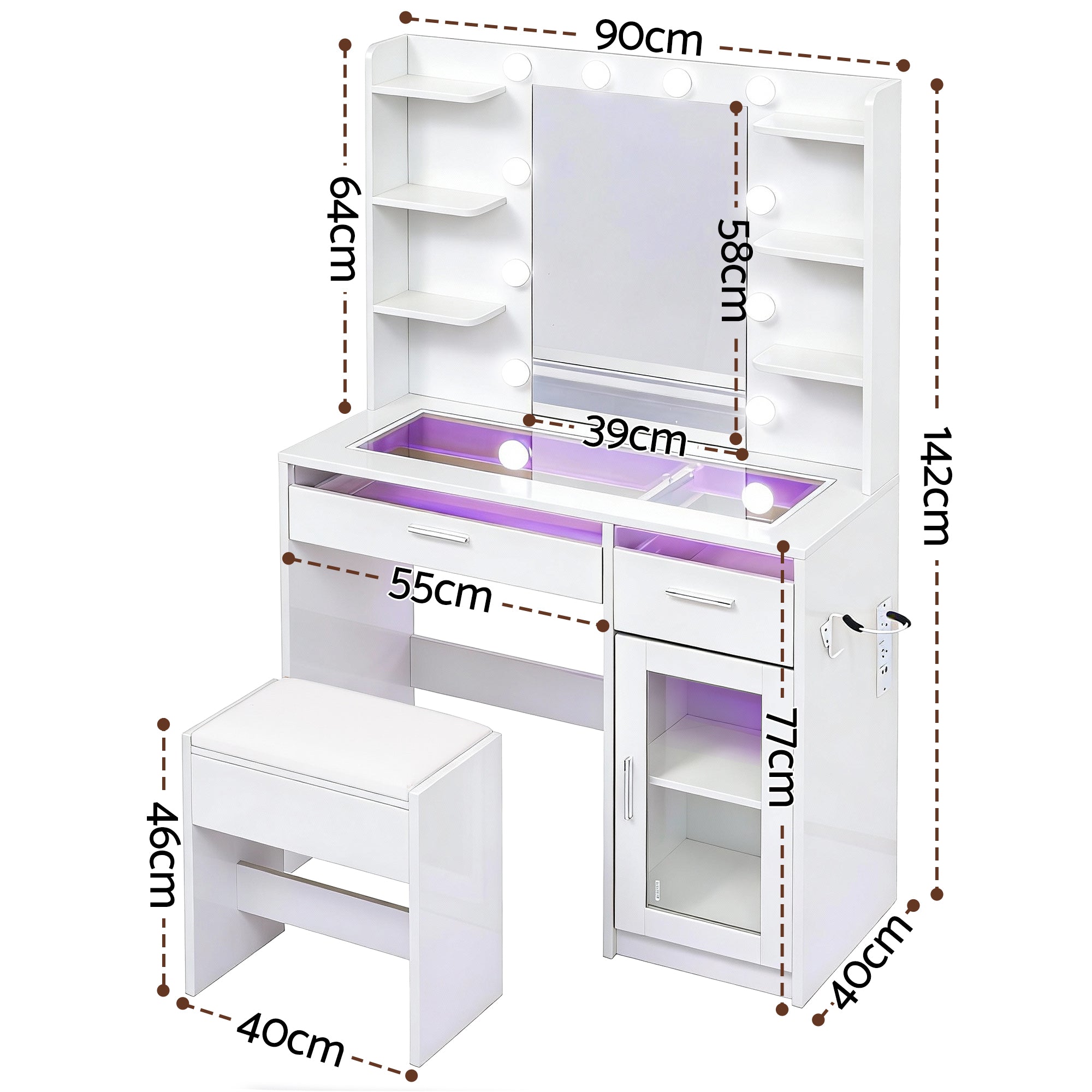 Artiss LED Dressing Table & Stool with 10 Bulbs and RGB Storage – White