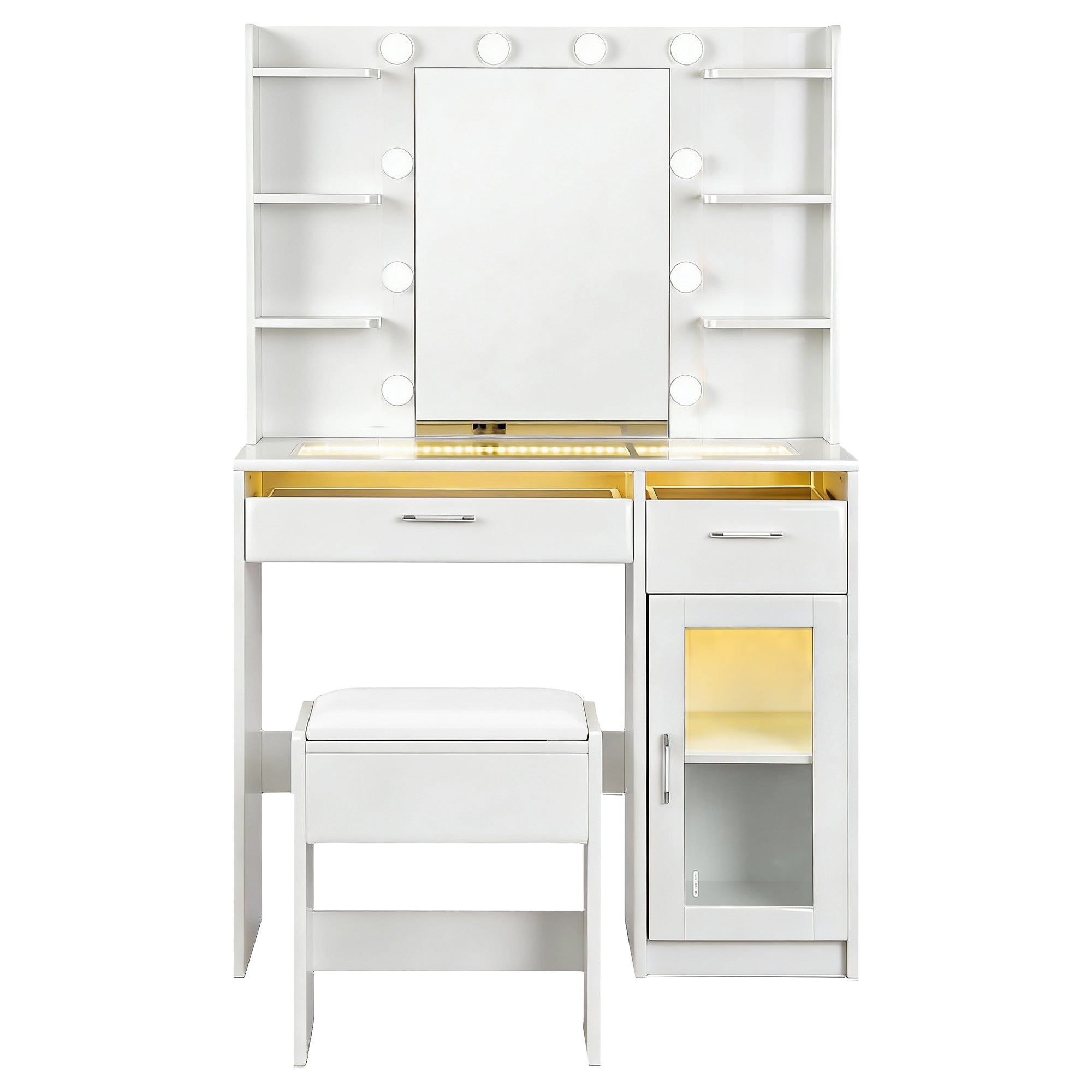 Artiss LED Dressing Table & Stool with 10 Bulbs and RGB Storage – White