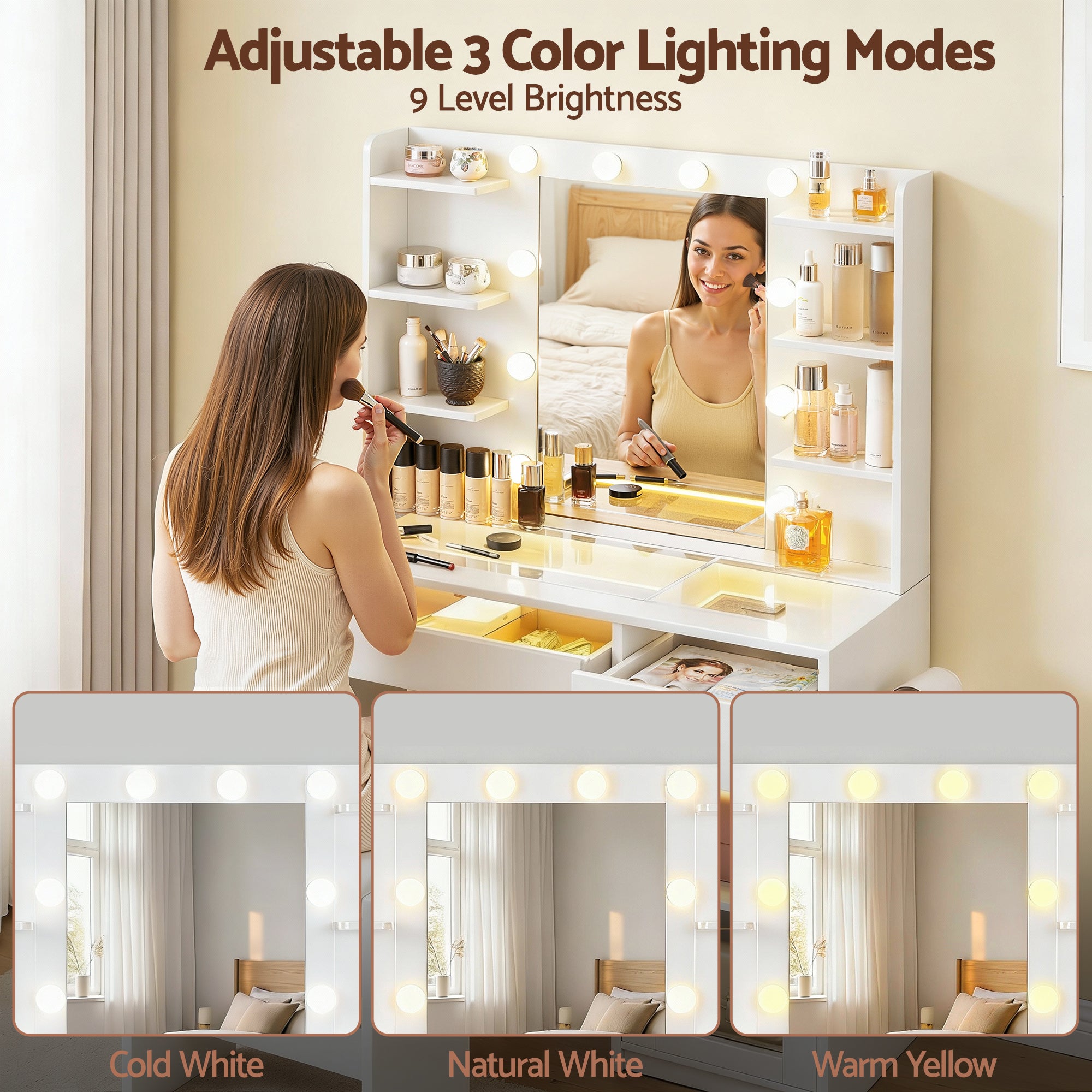 Artiss LED Dressing Table & Stool with 10 Bulbs and RGB Storage – White