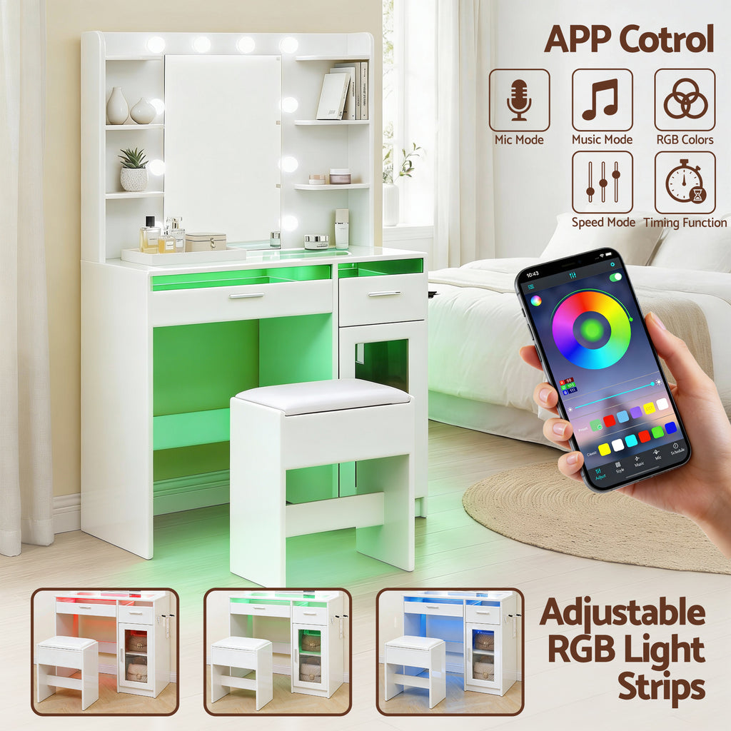 Artiss LED Dressing Table & Stool with 10 Bulbs and RGB Storage – White