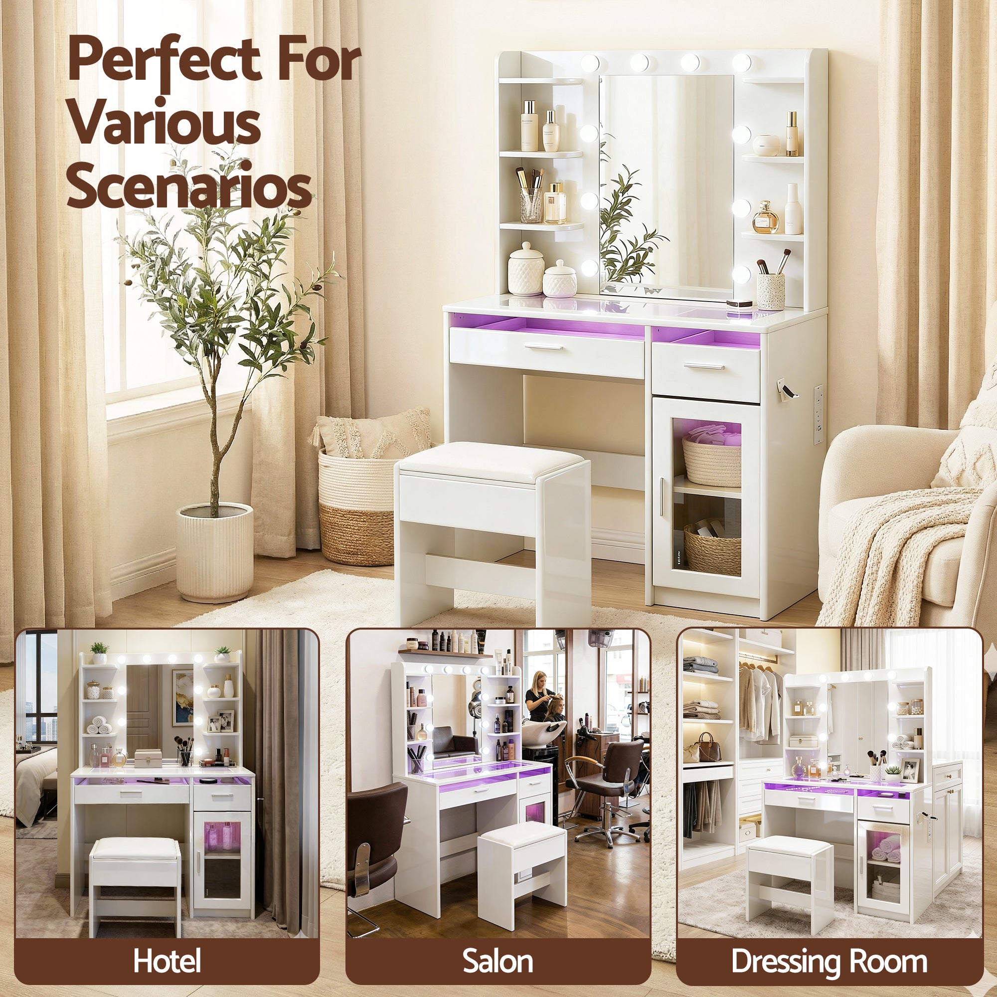 Artiss LED Dressing Table & Stool with 10 Bulbs and RGB Storage – White