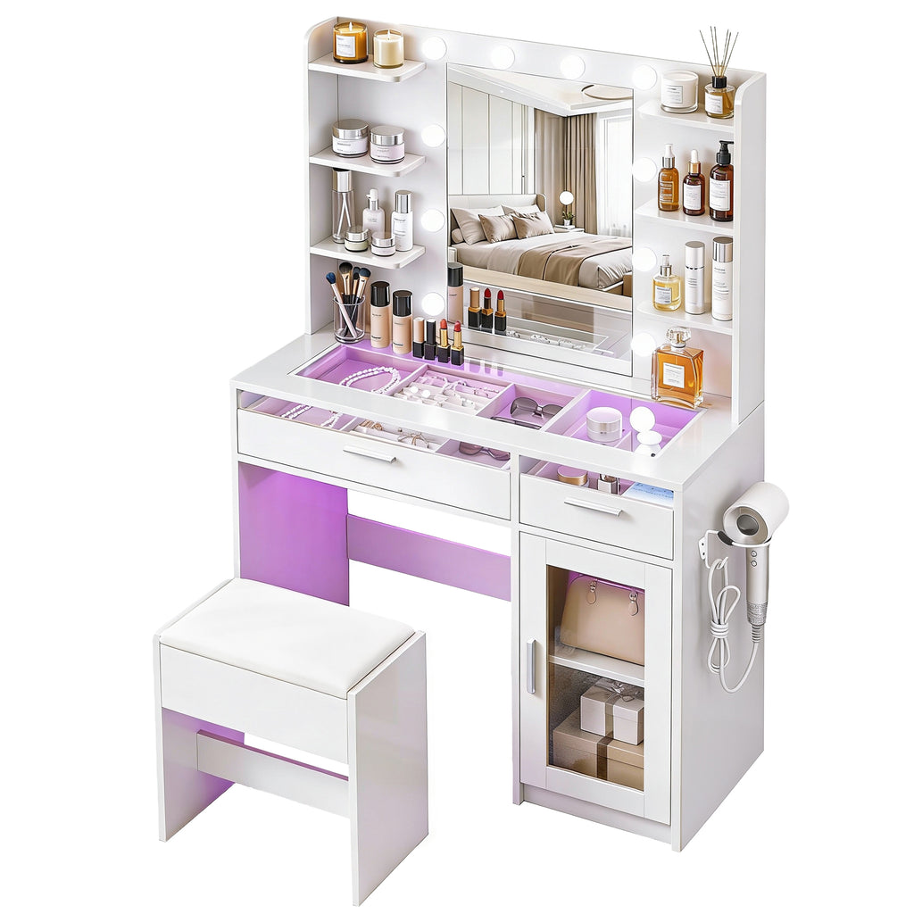 Artiss LED Dressing Table & Stool with 10 Bulbs and RGB Storage – White