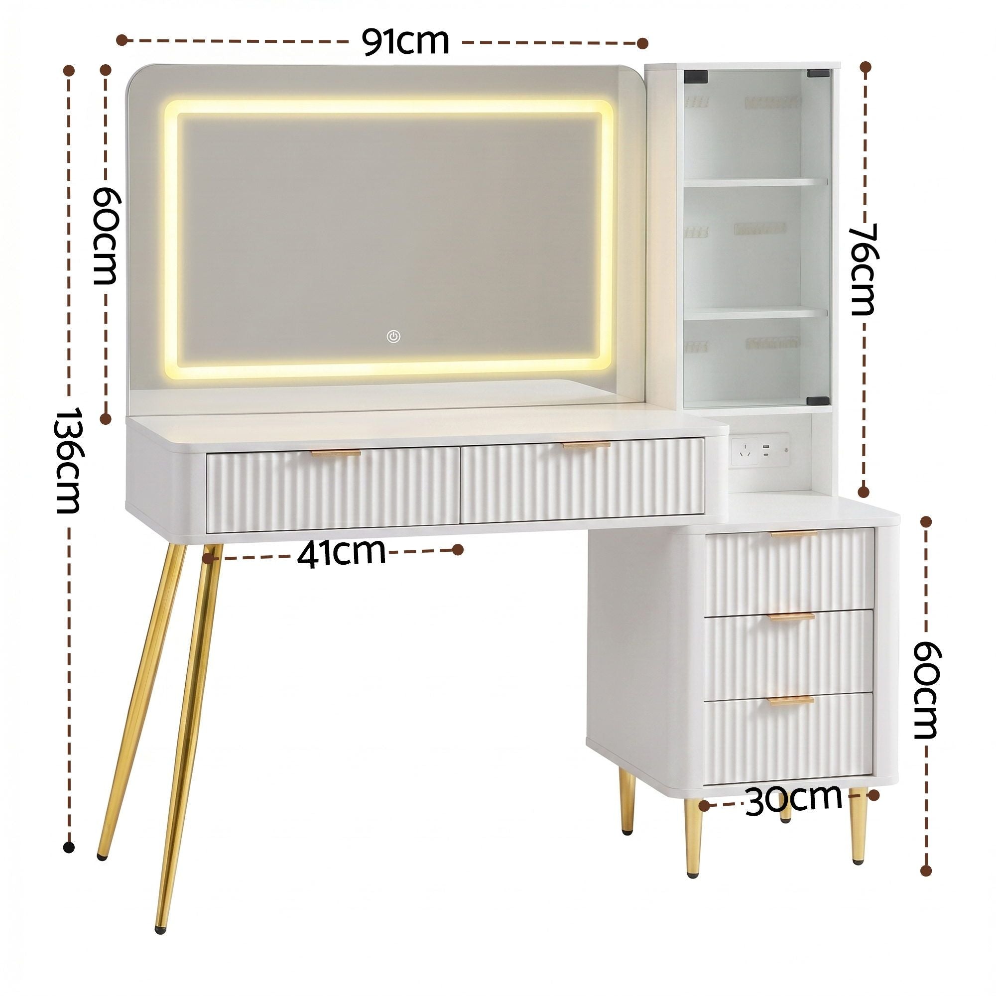 Artiss LED Dressing Table with Charging Station and Glass Cabinet – White