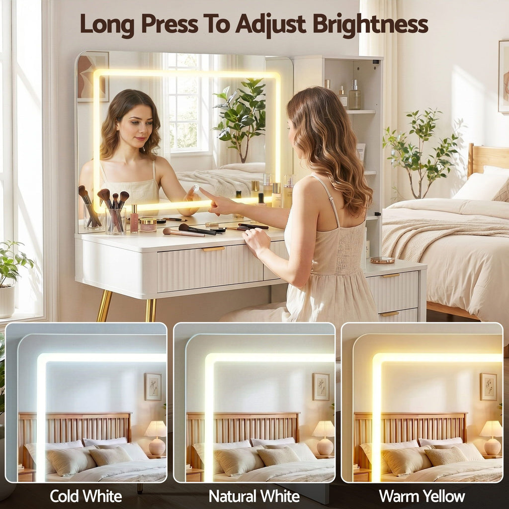 Artiss LED Dressing Table with Charging Station and Glass Cabinet – White