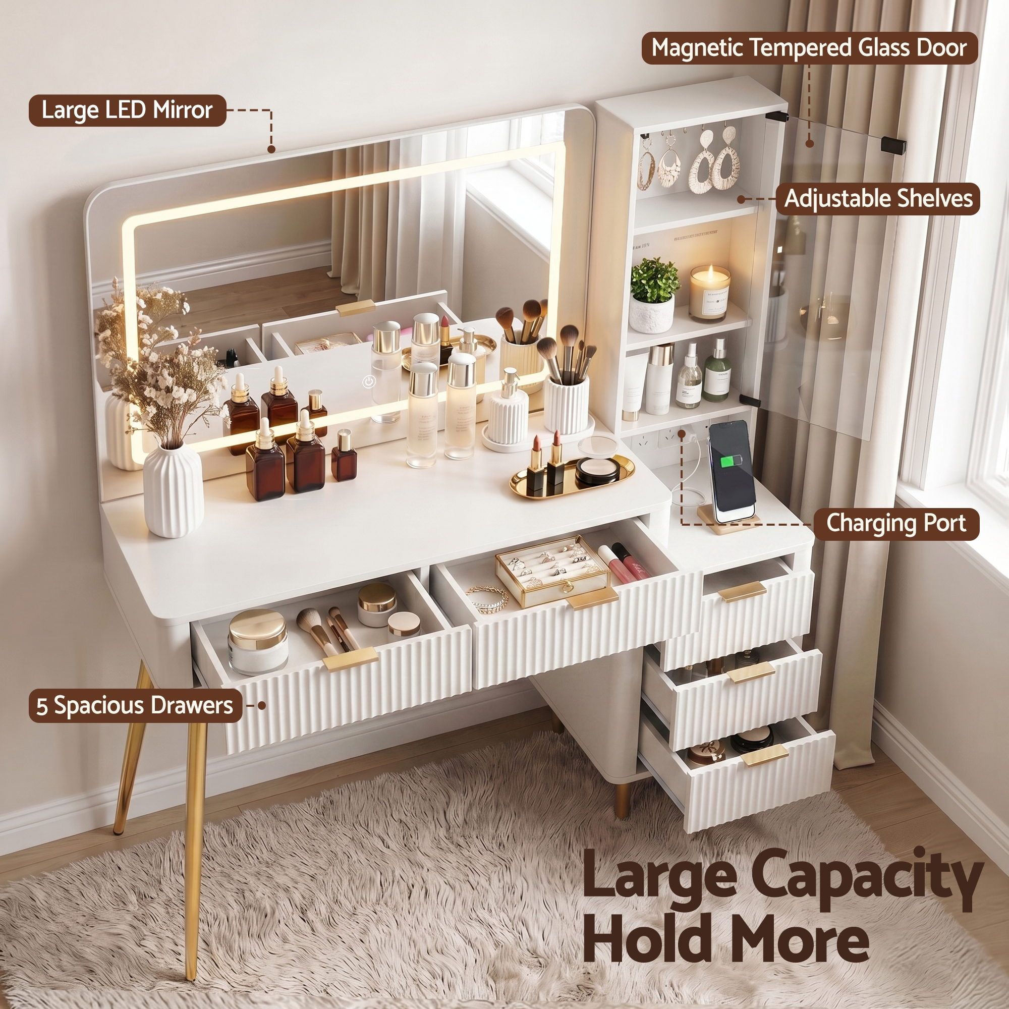 Artiss LED Dressing Table with Charging Station and Glass Cabinet – White
