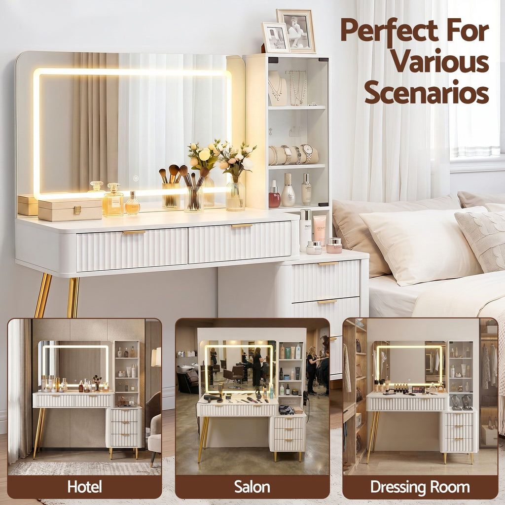 Artiss LED Dressing Table with Charging Station and Glass Cabinet – White