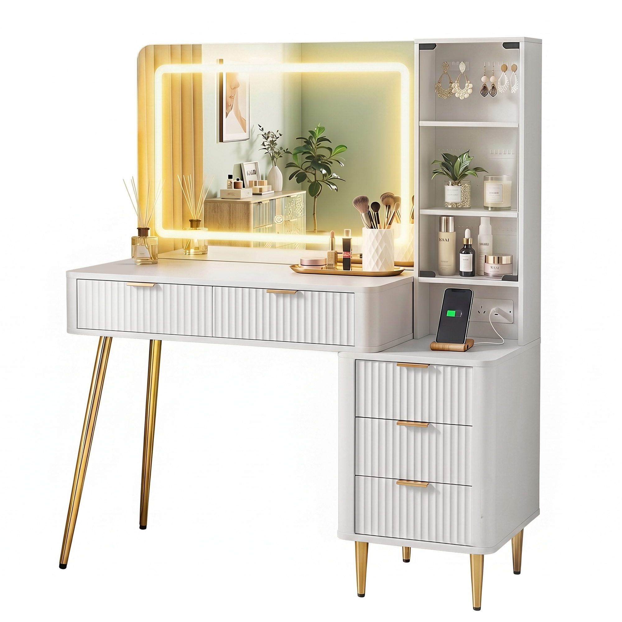 Artiss LED Dressing Table with Charging Station and Glass Cabinet – White