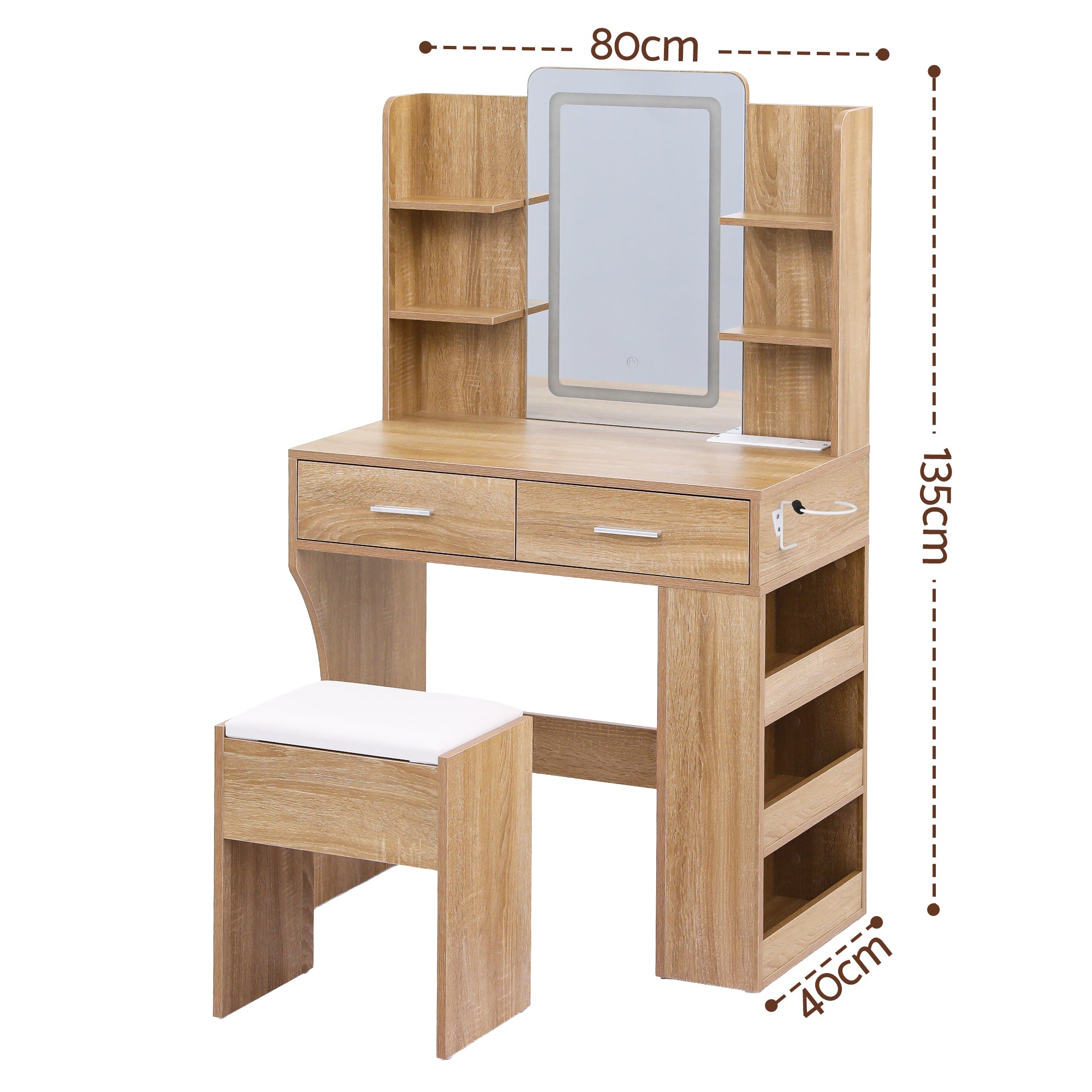 Artiss Compact LED Dressing Table & Stool with 3-Tier Rack – Wood Look