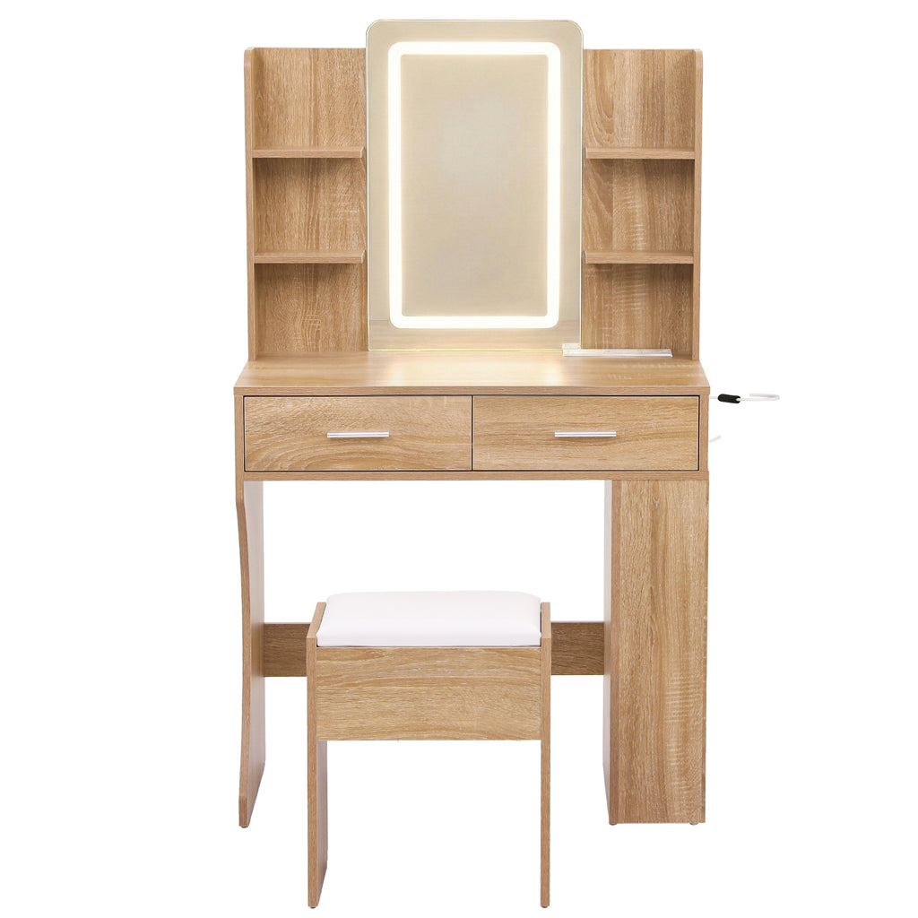 Artiss Compact LED Dressing Table & Stool with 3-Tier Rack – Wood Look