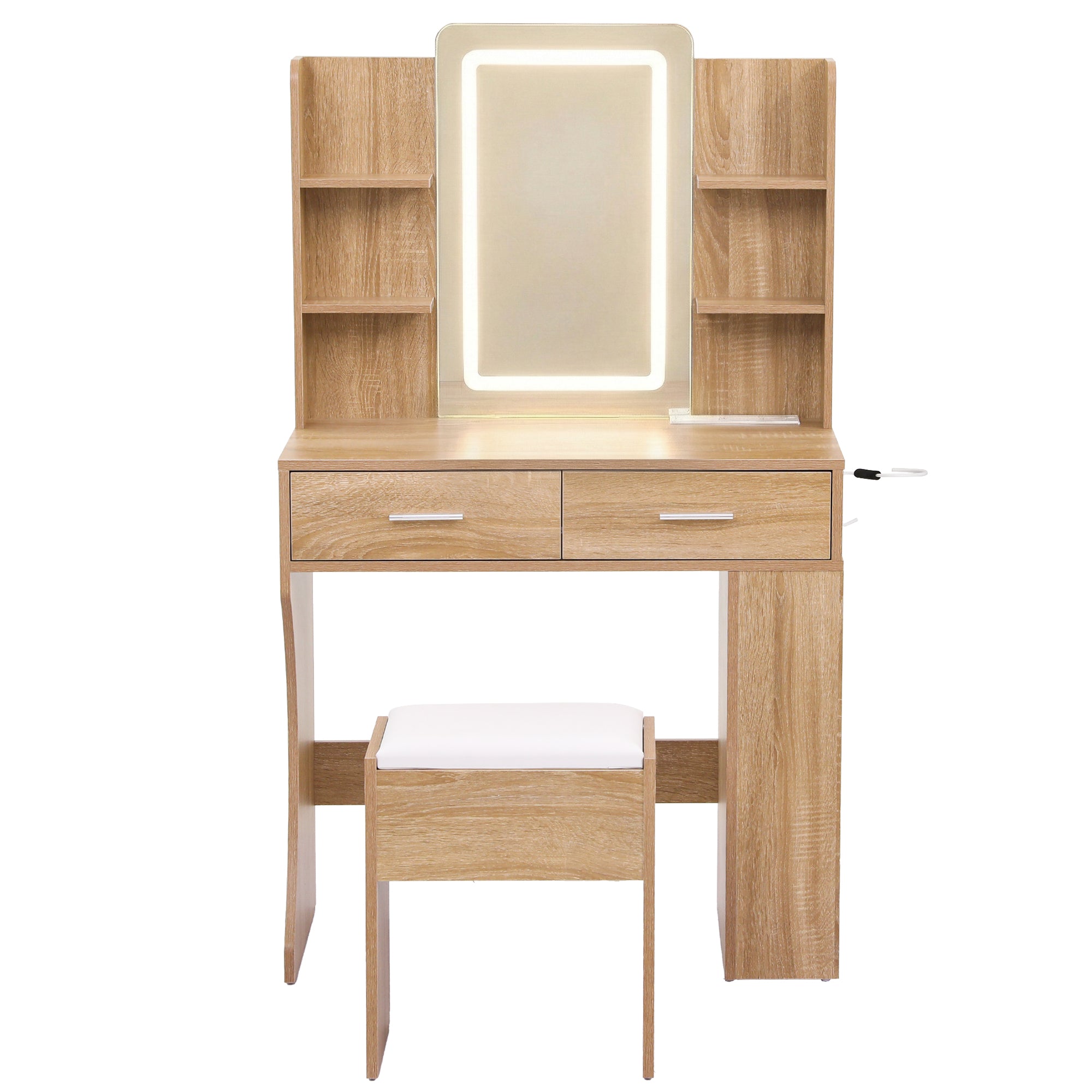 Artiss Compact LED Dressing Table & Stool with 3-Tier Rack – Wood Look
