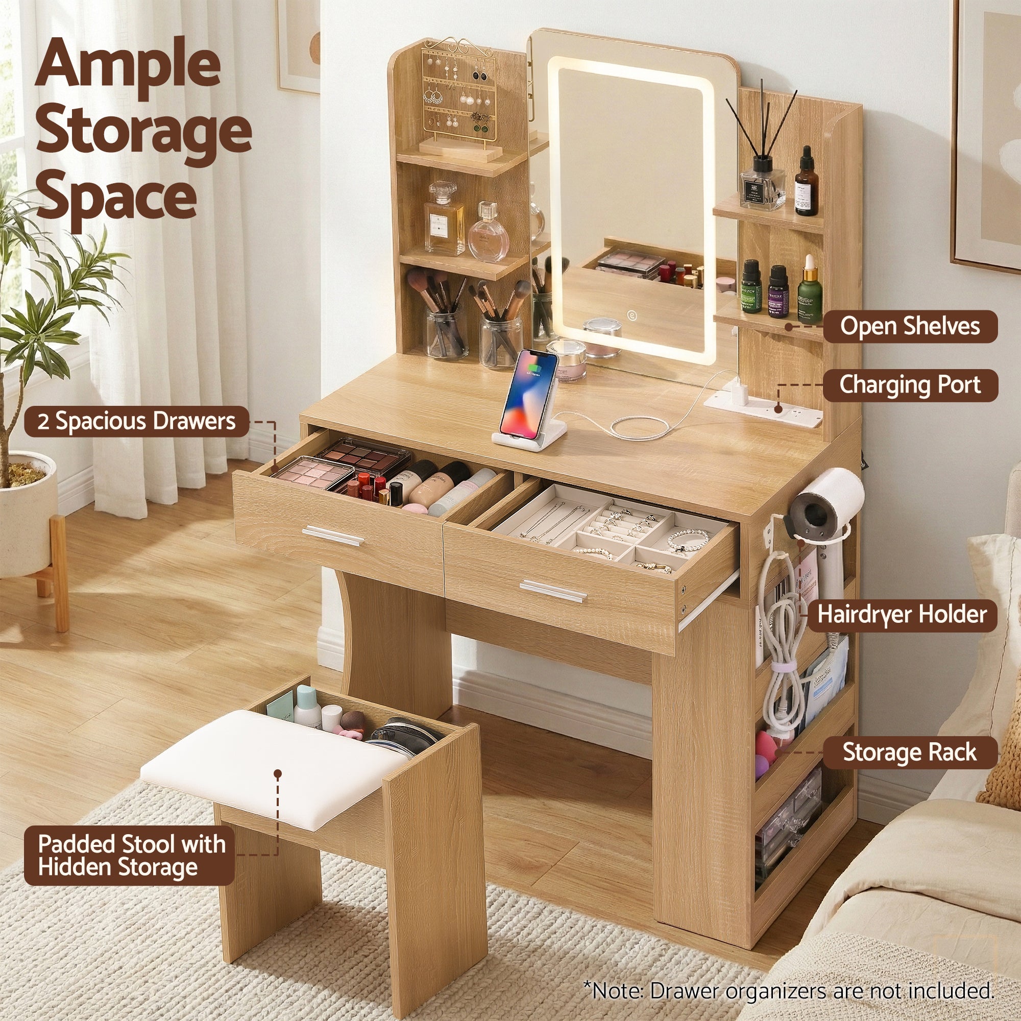 Artiss Compact LED Dressing Table & Stool with 3-Tier Rack – Wood Look