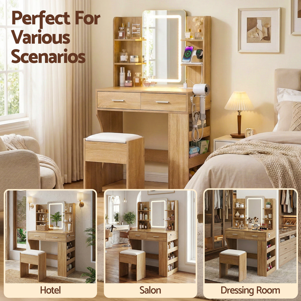 Artiss Compact LED Dressing Table & Stool with 3-Tier Rack – Wood Look
