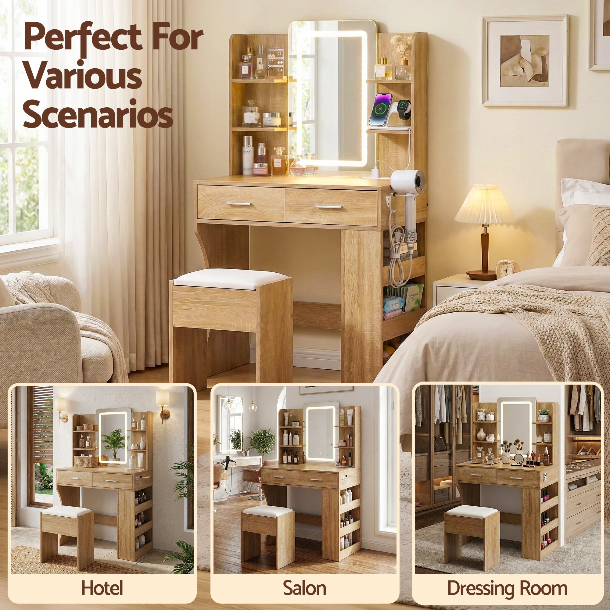 Artiss Compact LED Dressing Table & Stool with 3-Tier Rack – Wood Look