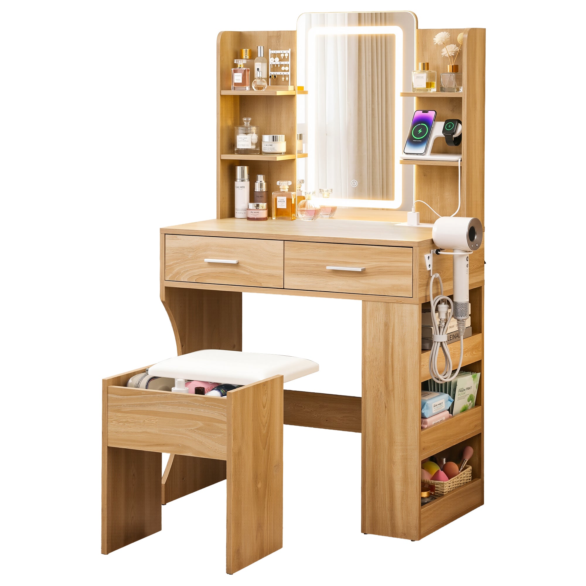 Artiss Compact LED Dressing Table & Stool with 3-Tier Rack – Wood Look