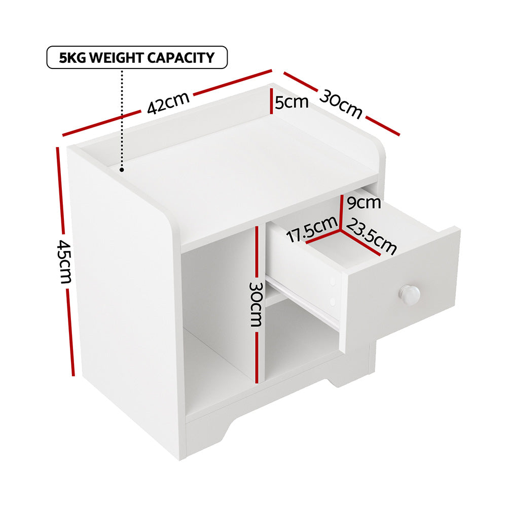 Artiss Bedside Table with Drawer and 2 Open Shelves – White