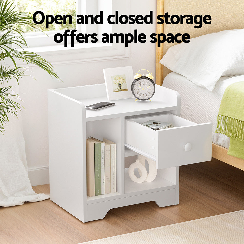 Artiss Bedside Table with Drawer and 2 Open Shelves – White