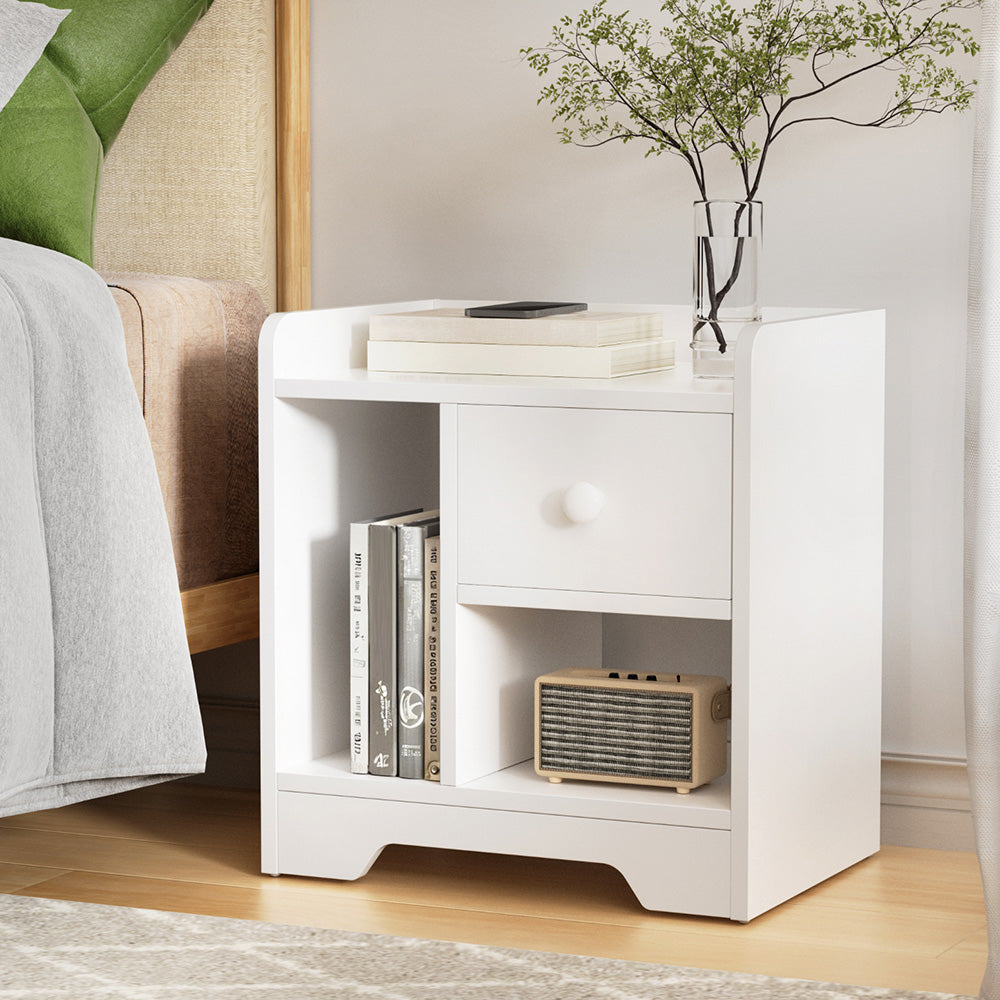 Artiss Bedside Table with Drawer and 2 Open Shelves – White