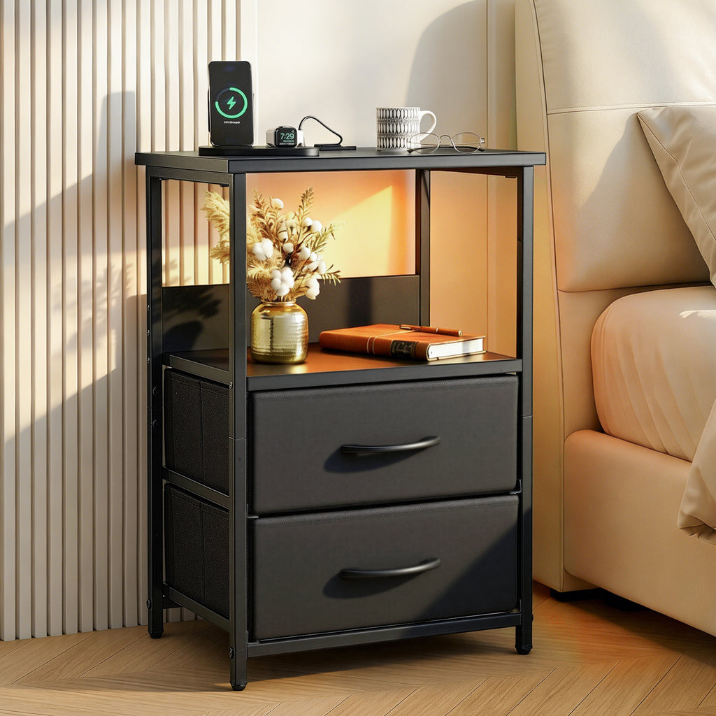 Artiss LED Charging Bedside Table with 2 Fabric Drawers – Black