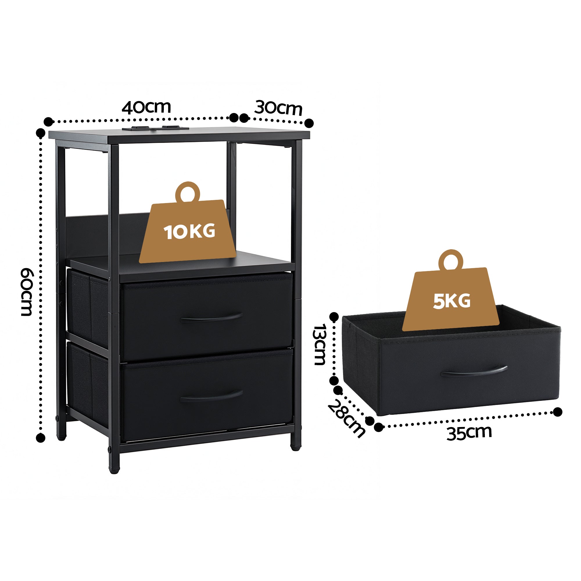Artiss LED Charging Bedside Table with 2 Fabric Drawers – Black