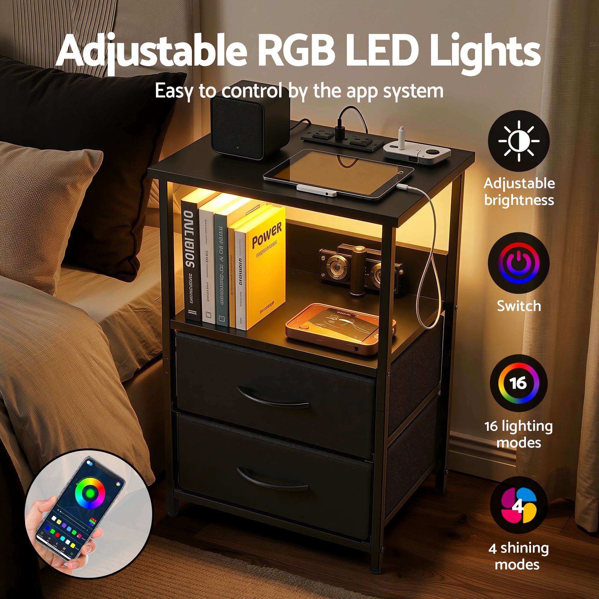 Artiss LED Charging Bedside Table with 2 Fabric Drawers – Black