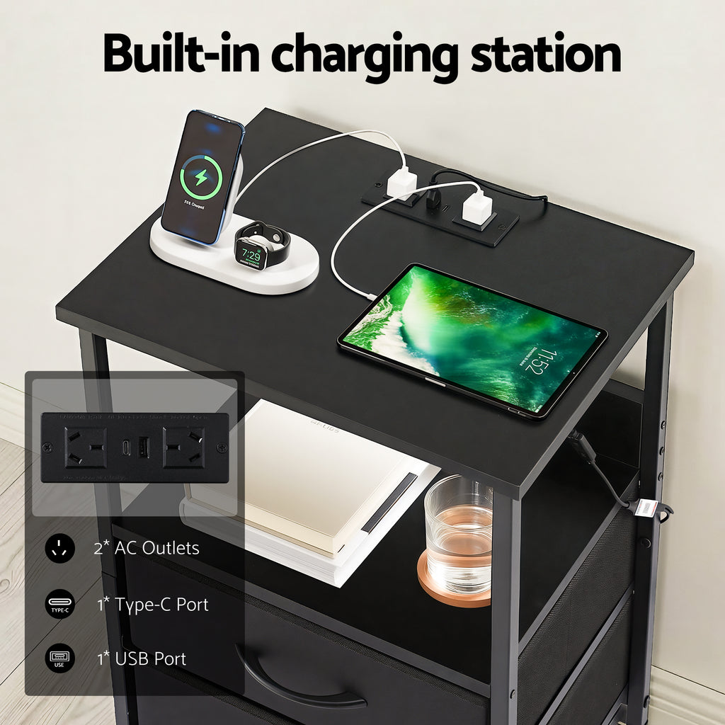 Artiss LED Charging Bedside Table with 2 Fabric Drawers – Black