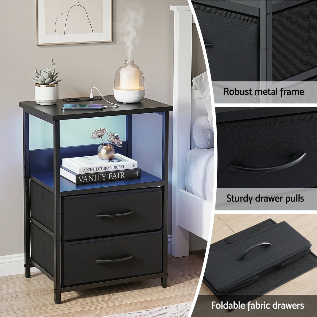 Artiss LED Charging Bedside Table with 2 Fabric Drawers – Black