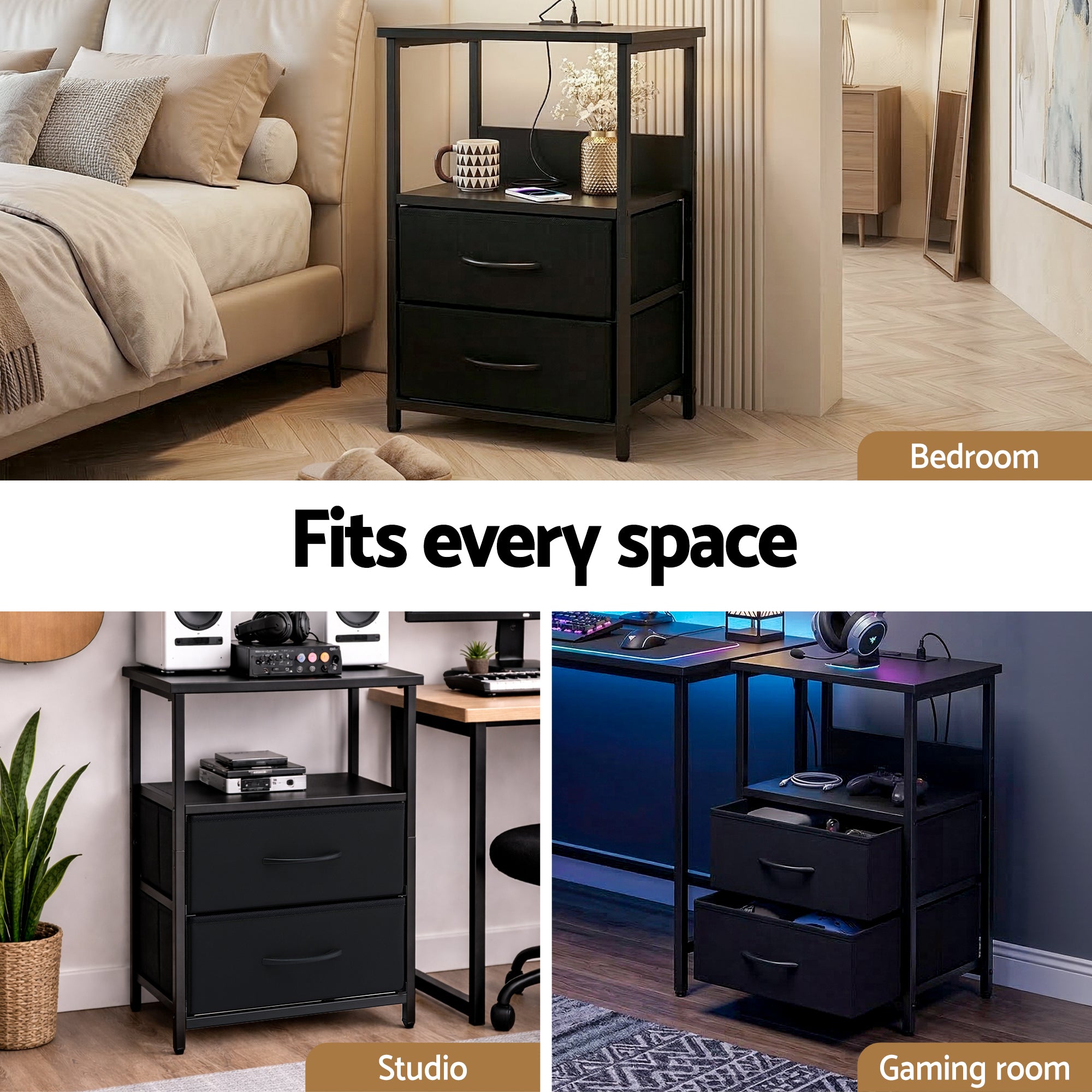Artiss LED Charging Bedside Table with 2 Fabric Drawers – Black