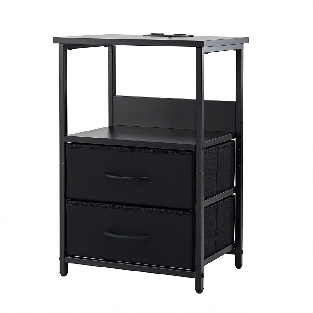 Artiss LED Charging Bedside Table with 2 Fabric Drawers – Black