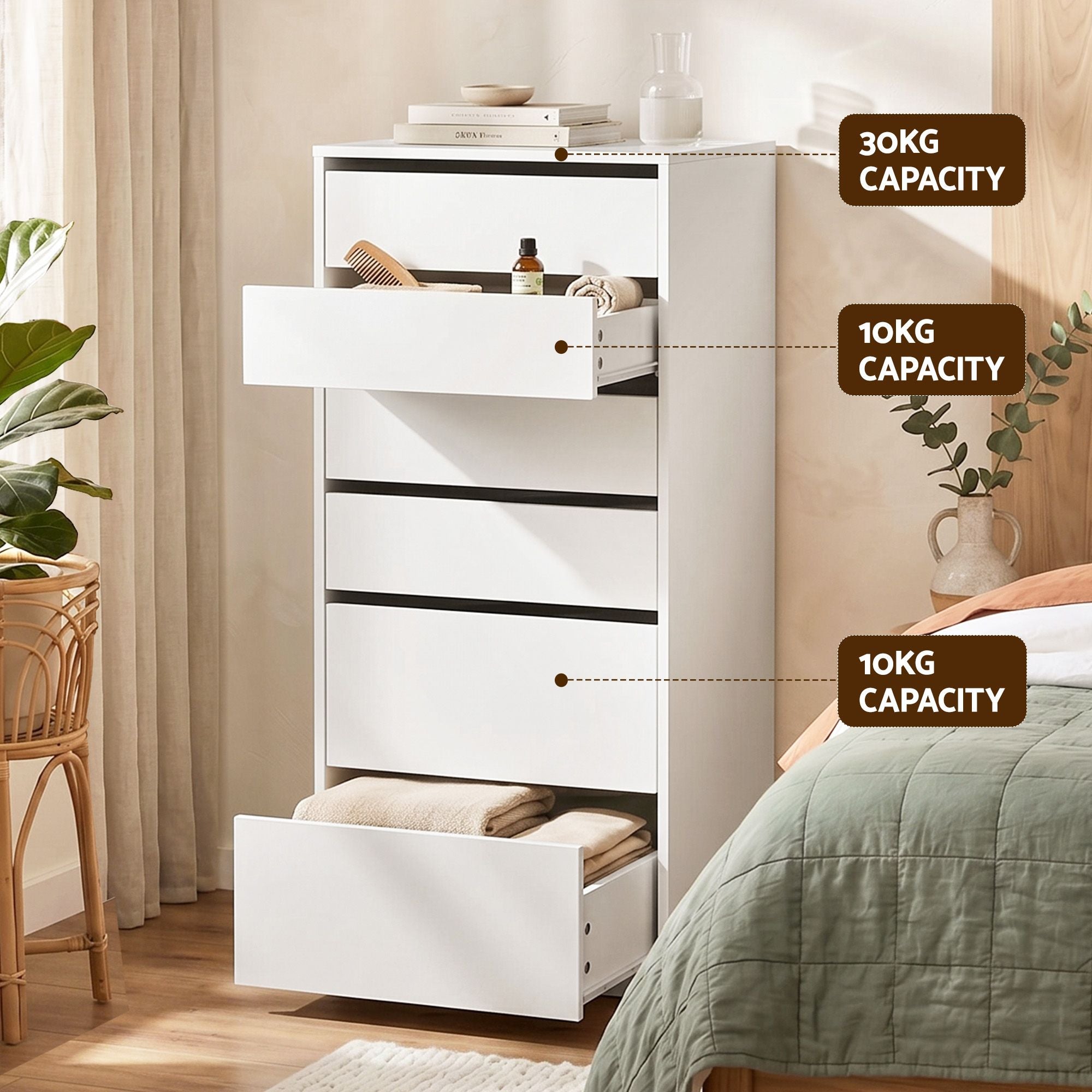 Artiss 6-Drawer Tallboy Cabinets – White, Set of 2