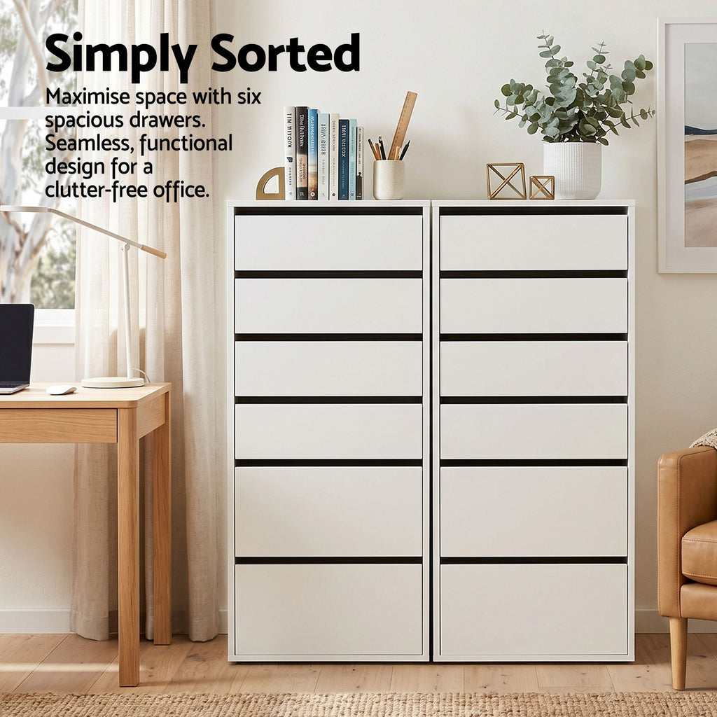 Artiss 6-Drawer Tallboy Cabinets – White, Set of 2