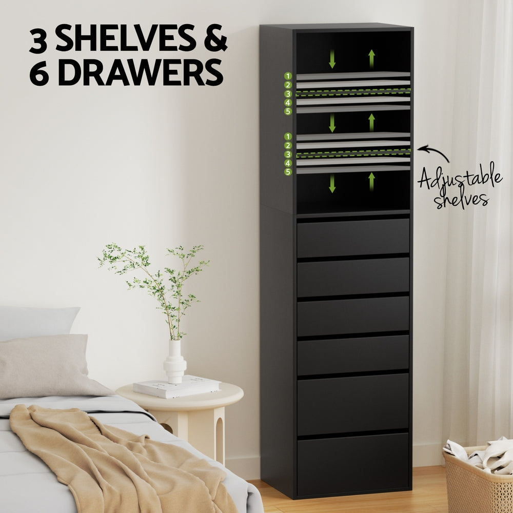 Artiss Tall Storage Cabinet with 6 Drawers and 3 Shelves – Black